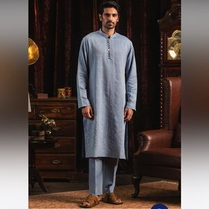 Men's Light Blue Kurta Set - Classic Straight Fit